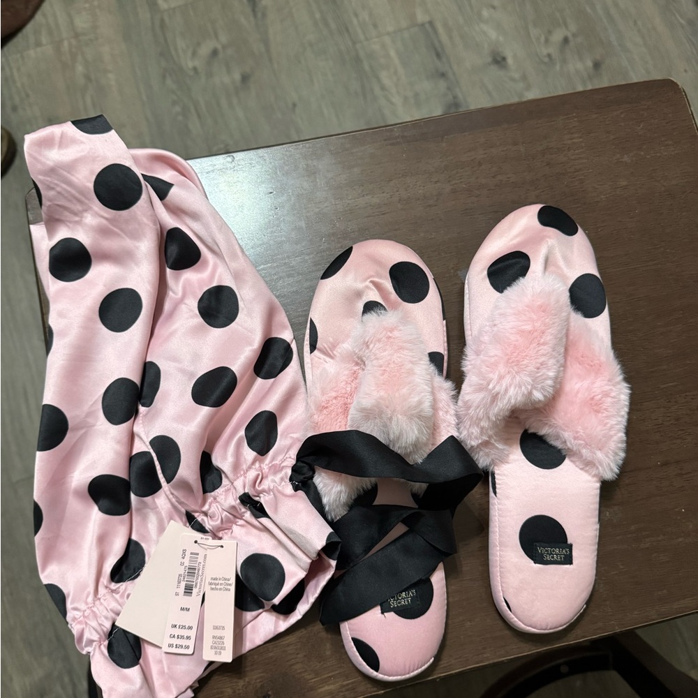 Victoria's Secret Pink Polka Dot Slippers and Sleep Mask Set